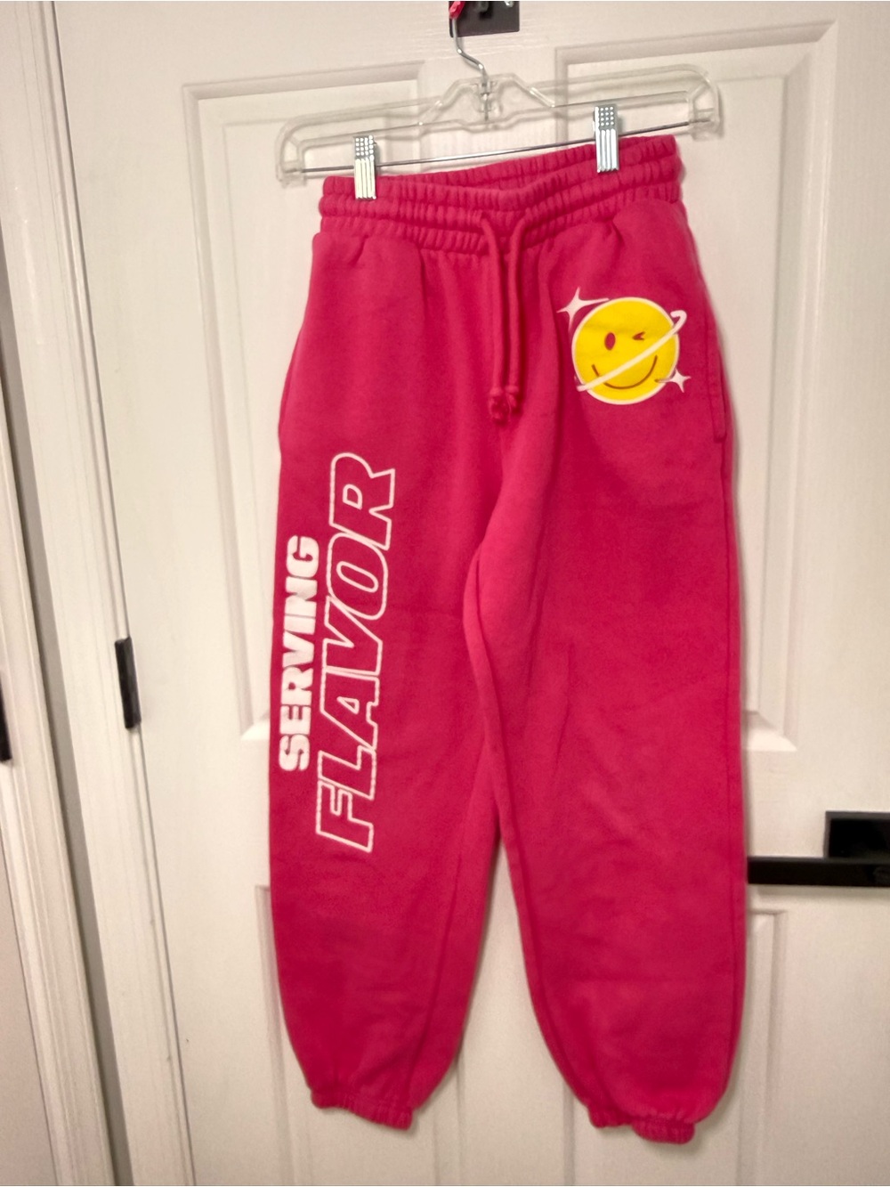 Hot Pink "Serving Flavor" Graphic Joggers with Yellow Planet